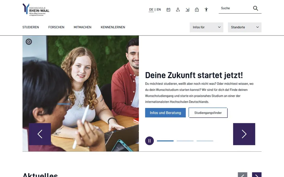 Hochschule Rhein-Waal – Ansicht der Anbieter-Website