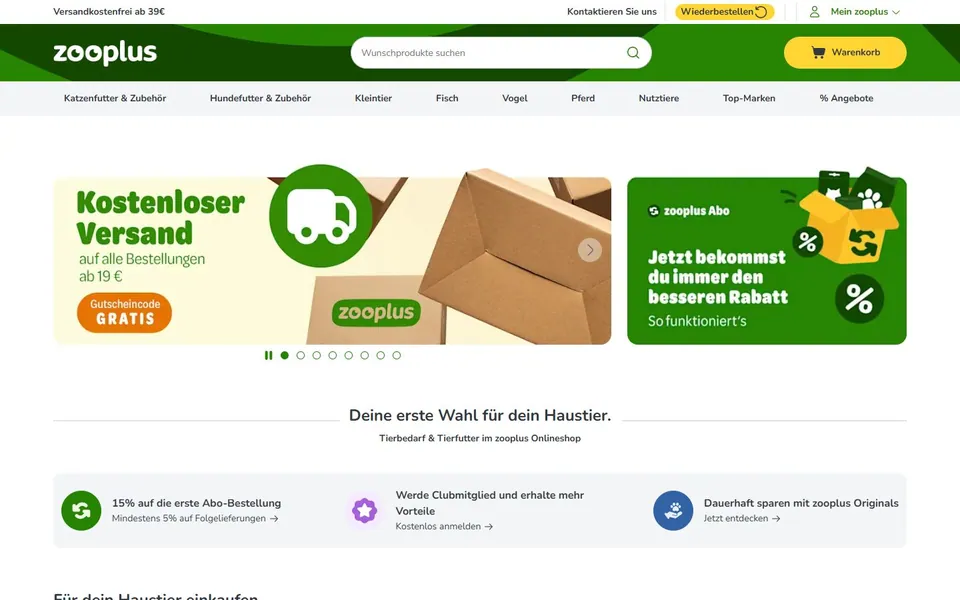 zooplus – Ansicht der Anbieter-Website