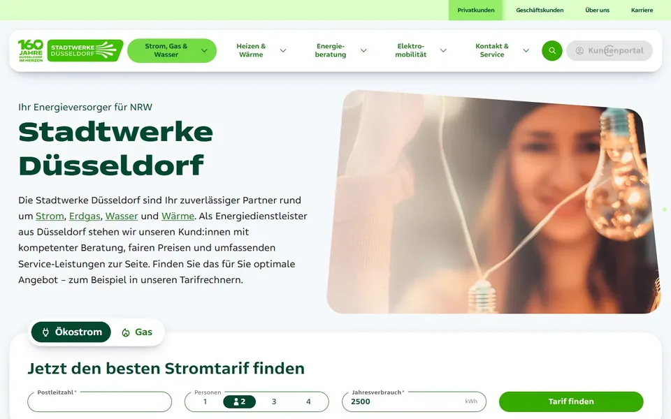Stadtwerke Düsseldorf – Ansicht der Anbieter-Website