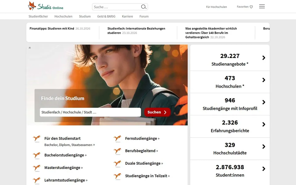 Studis Online – Ansicht der Anbieter-Website