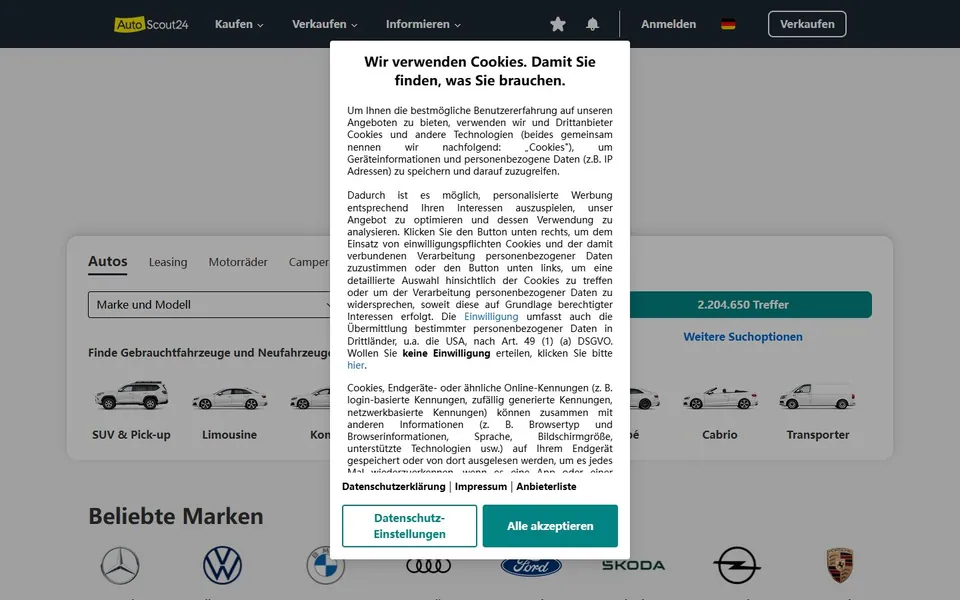 AutoScout24 – Ansicht der Anbieter-Website