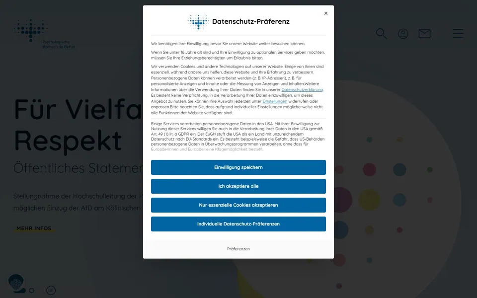 Psychologische Hochschule Berlin – Ansicht der Anbieter-Website