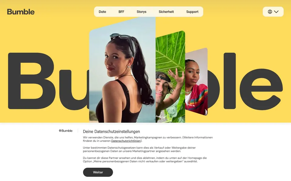 Bumble – Ansicht der Anbieter-Website