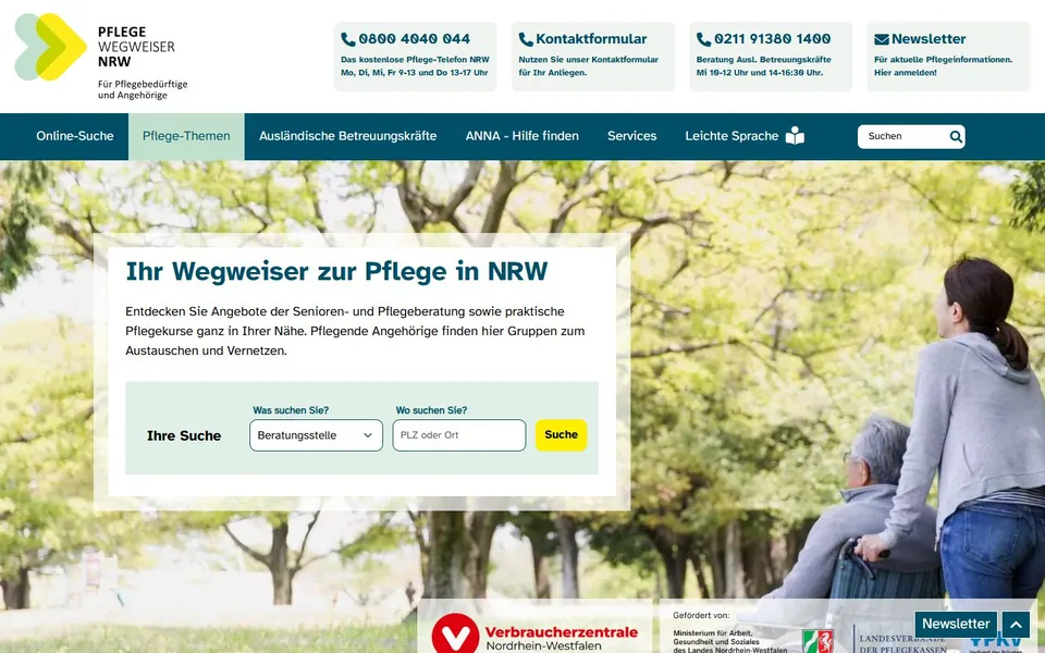Pflegewegweiser NRW – Ansicht der Anbieter-Website