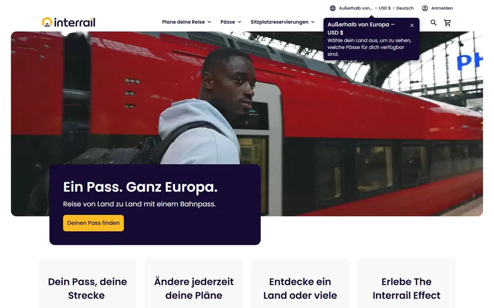 Interrail – Ansicht der Anbieter-Website