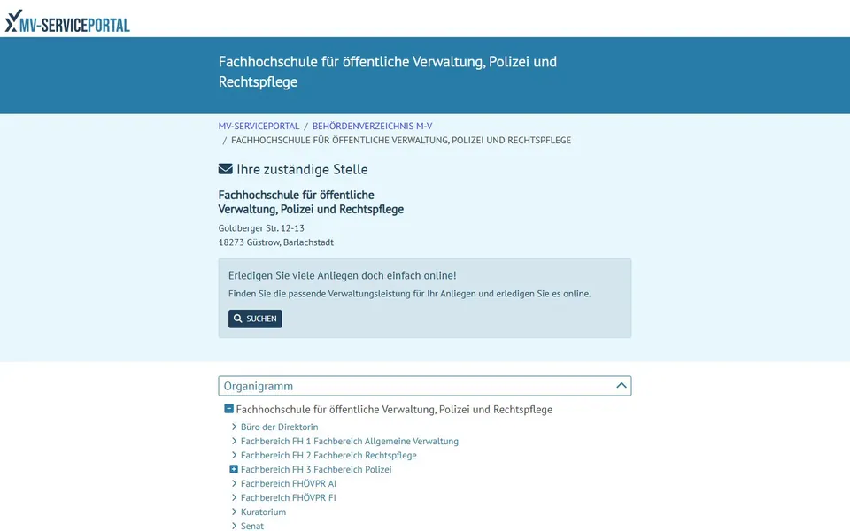 Fachhochschule für öffentliche Verwaltung, Polizei und Rechtspflege Mecklenburg-Vorpommern – Amtlicher Behördeneintrag zur Hochschule