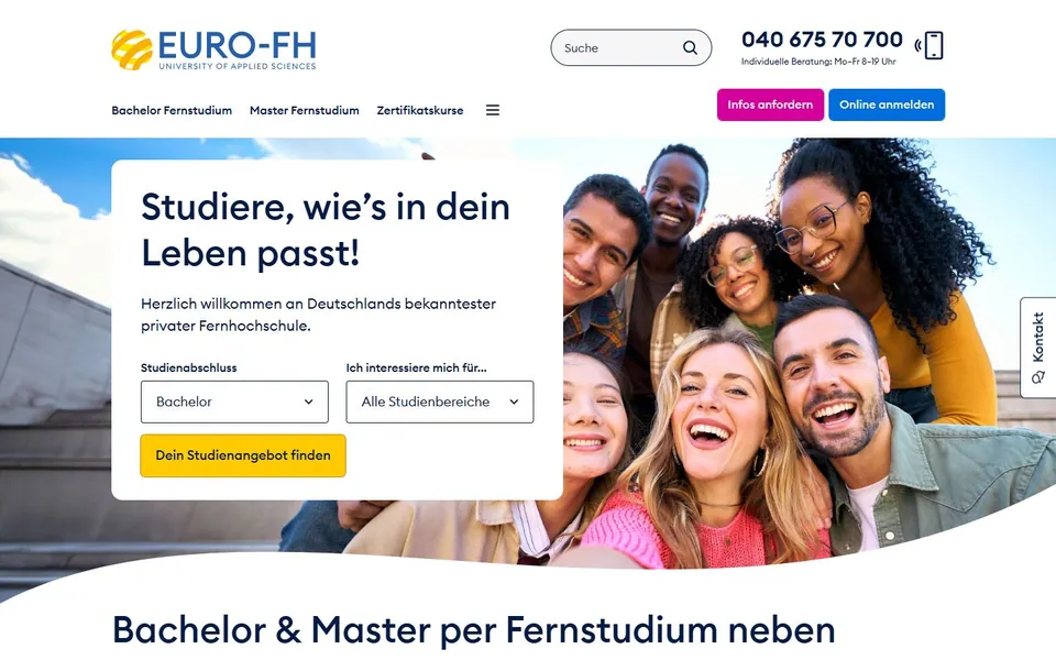Europäische Fernhochschule Hamburg – Ansicht der Anbieter-Website