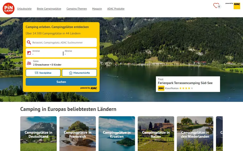 PiNCAMP – Ansicht der Anbieter-Website