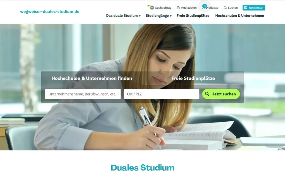 Duales Studium – Ansicht der Anbieter-Website