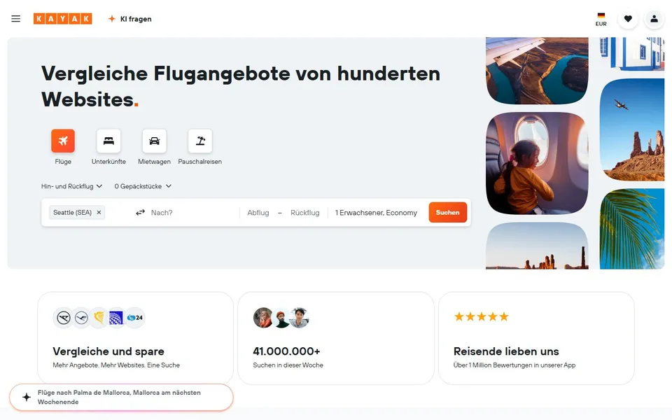 Kayak – Ansicht der Anbieter-Website