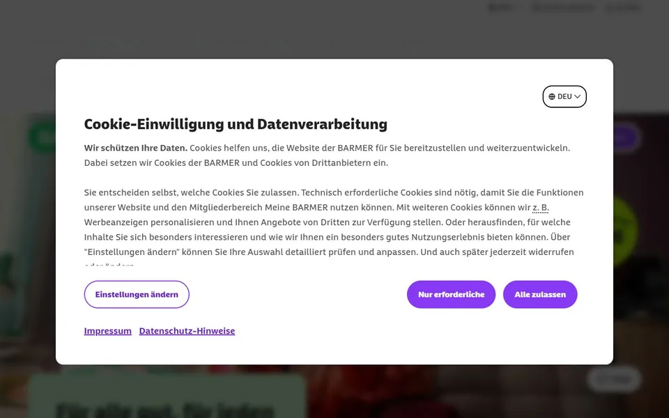 BARMER – Ansicht der Anbieter-Website