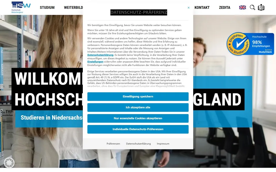Hochschule Weserbergland, Hameln – Ansicht der Anbieter-Website
