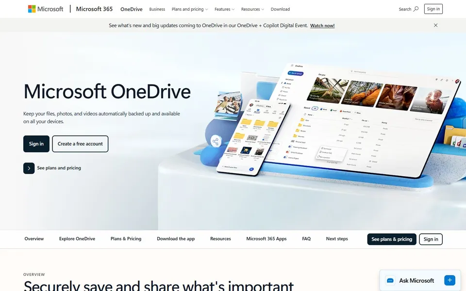 OneDrive – Ansicht der Anbieter-Website