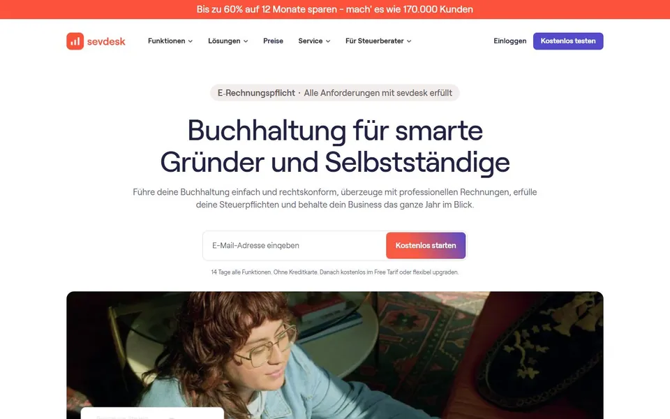 sevdesk – Ansicht der Anbieter-Website
