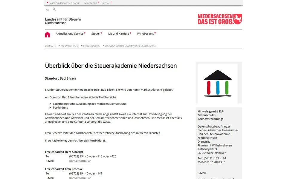 Steuerakademie Niedersachsen – Ansicht der Anbieter-Website
