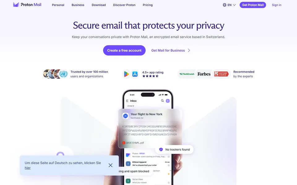 Proton Mail – Ansicht der Anbieter-Website