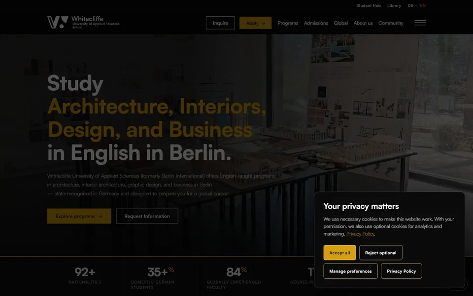 Whitecliffe University of Applied Sciences – Ansicht der Anbieter-Website