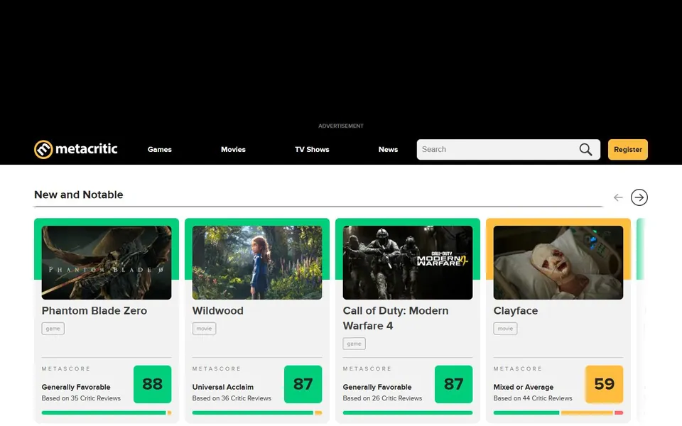Metacritic – Ansicht der Anbieter-Website