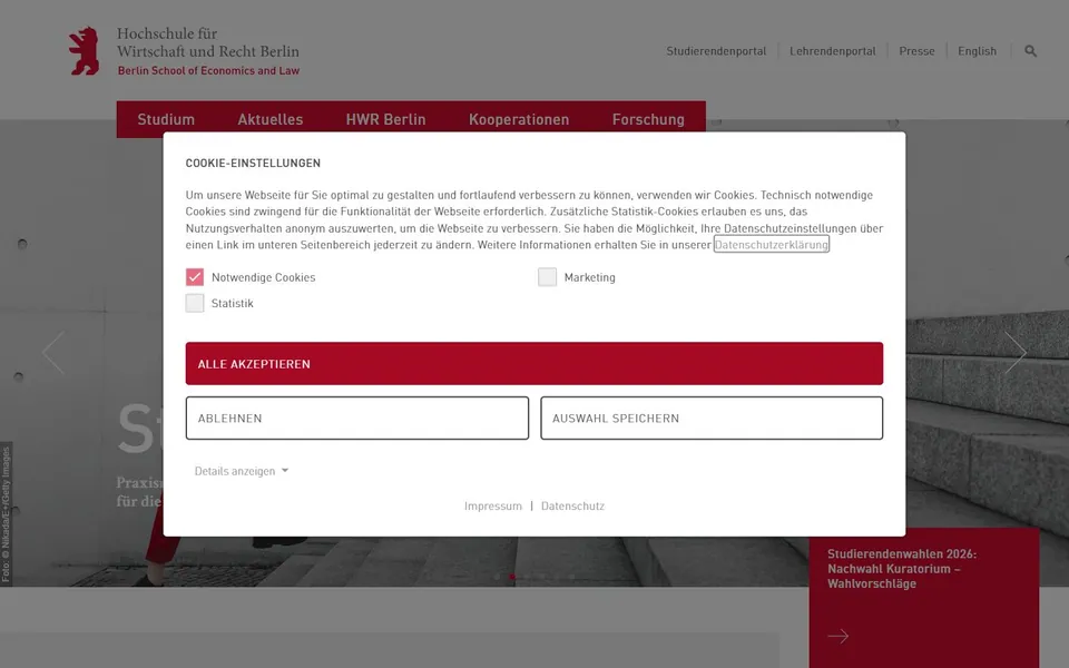 Hochschule für Wirtschaft und Recht Berlin – Ansicht der Anbieter-Website