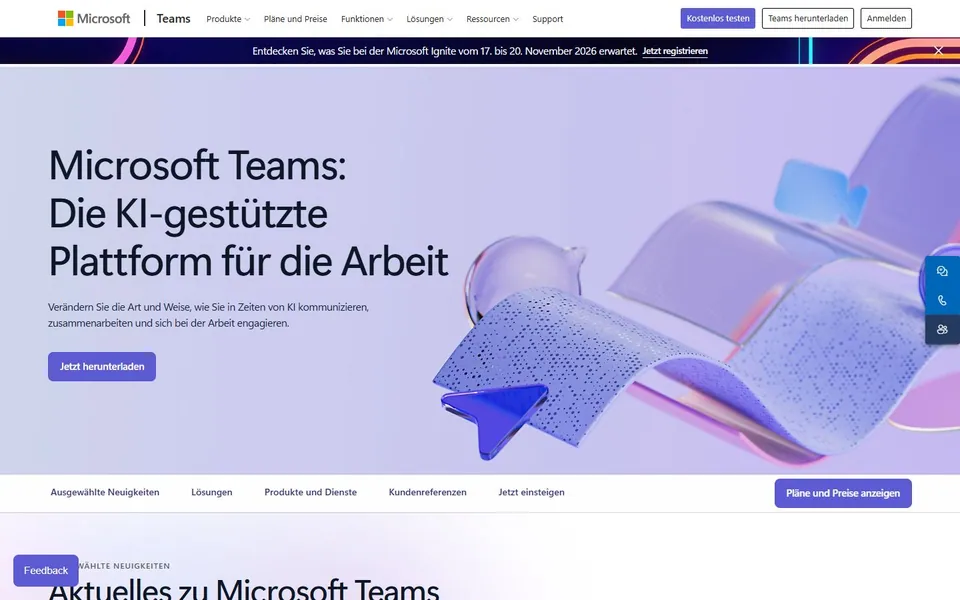Microsoft Teams – Ansicht der Anbieter-Website