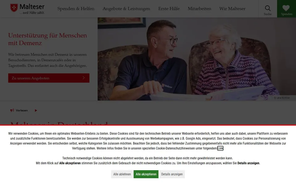 Malteser – Ansicht der Anbieter-Website