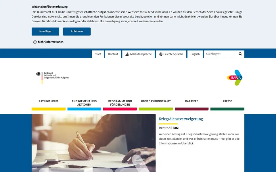 Bundesamt für Familie und zivilgesellschaftliche Aufgaben – Ansicht der Anbieter-Website