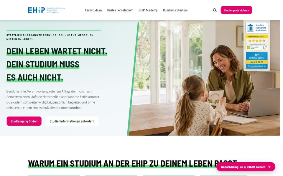 EHiP - Hochschule für Innovation und Perspektive – Ansicht der Anbieter-Website