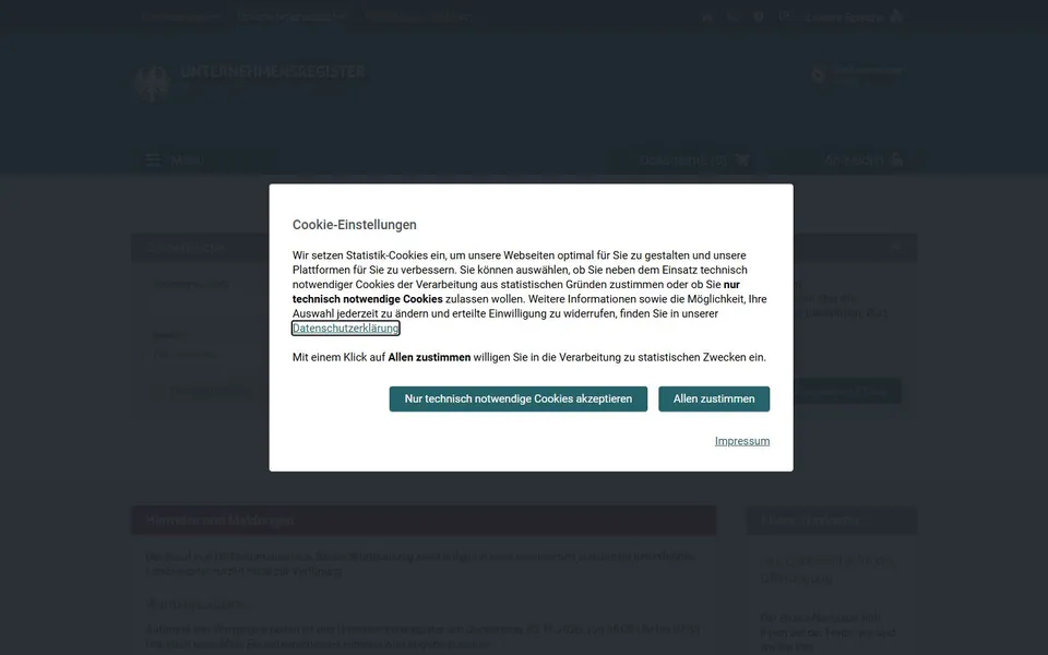 Unternehmensregister – Ansicht der Anbieter-Website