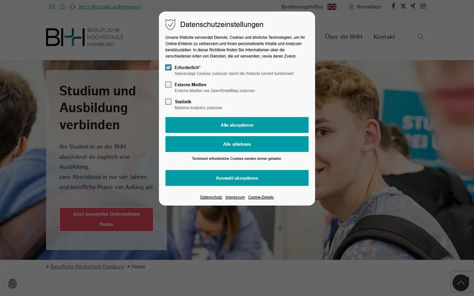 Berufliche Hochschule Hamburg (BHH) – Ansicht der Anbieter-Website