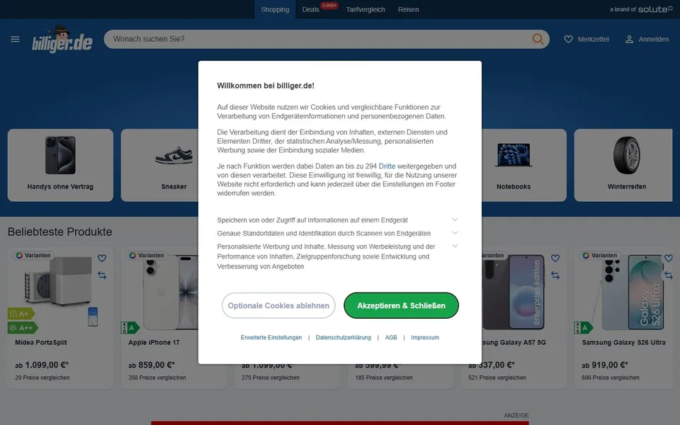 billiger.de – Ansicht der Anbieter-Website