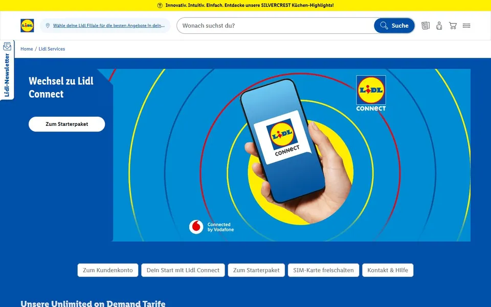 Lidl Connect – Ansicht der Anbieter-Website