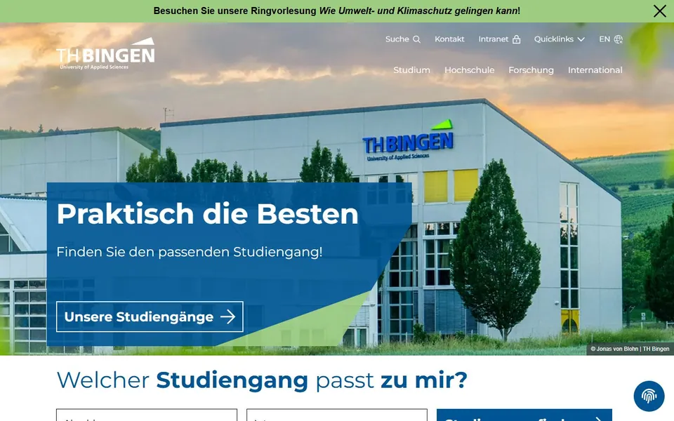 Technische Hochschule Bingen – Ansicht der Anbieter-Website