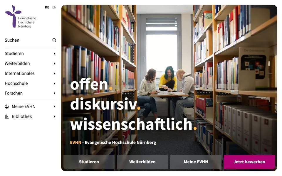 Evangelische Hochschule für angewandte Wissenschaften - Evangelische Fachhochschule Nürnberg – Ansicht der Anbieter-Website