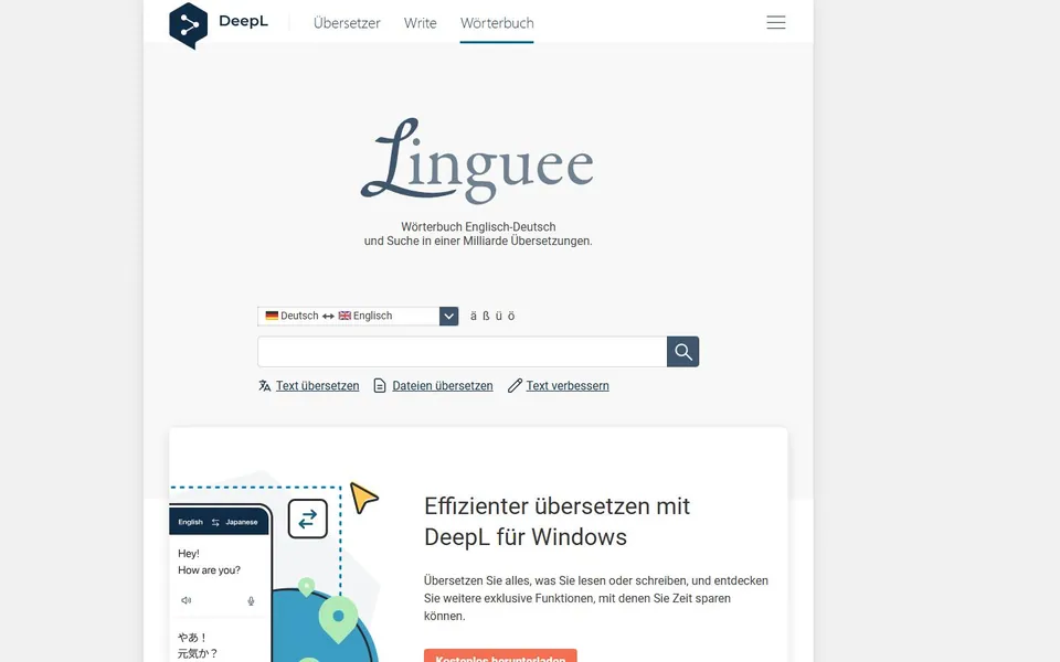 Linguee – Ansicht der Anbieter-Website