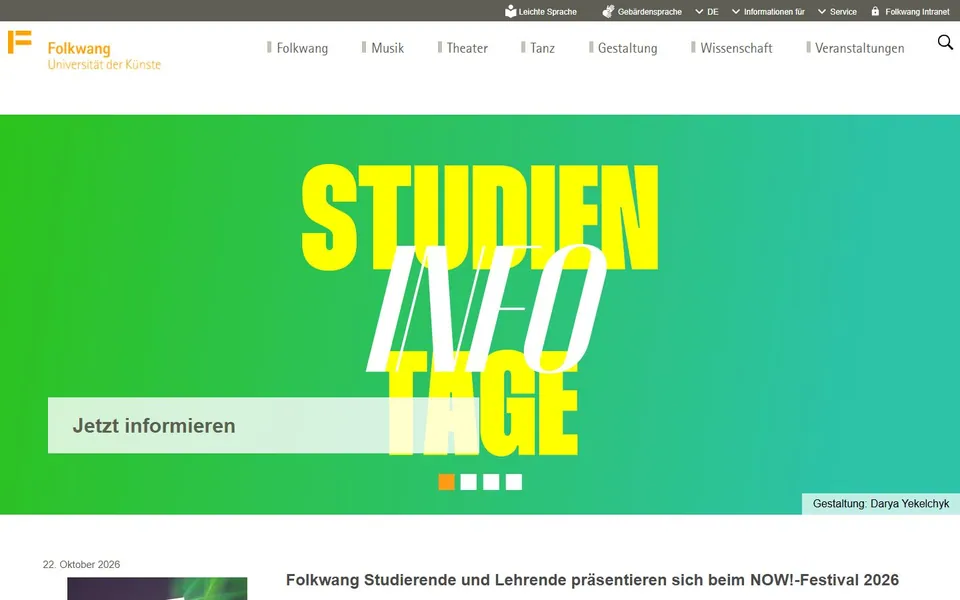 Folkwang Universität der Künste – Ansicht der Anbieter-Website