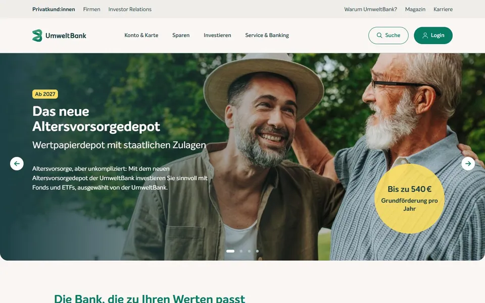 UmweltBank – Ansicht der Anbieter-Website