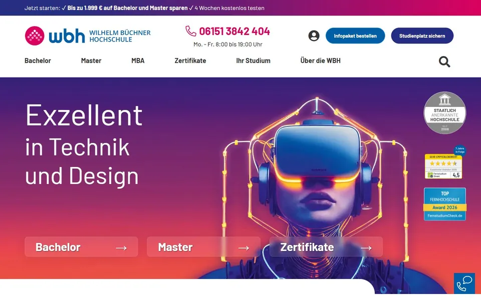 Wilhelm Büchner Hochschule – Ansicht der Anbieter-Website
