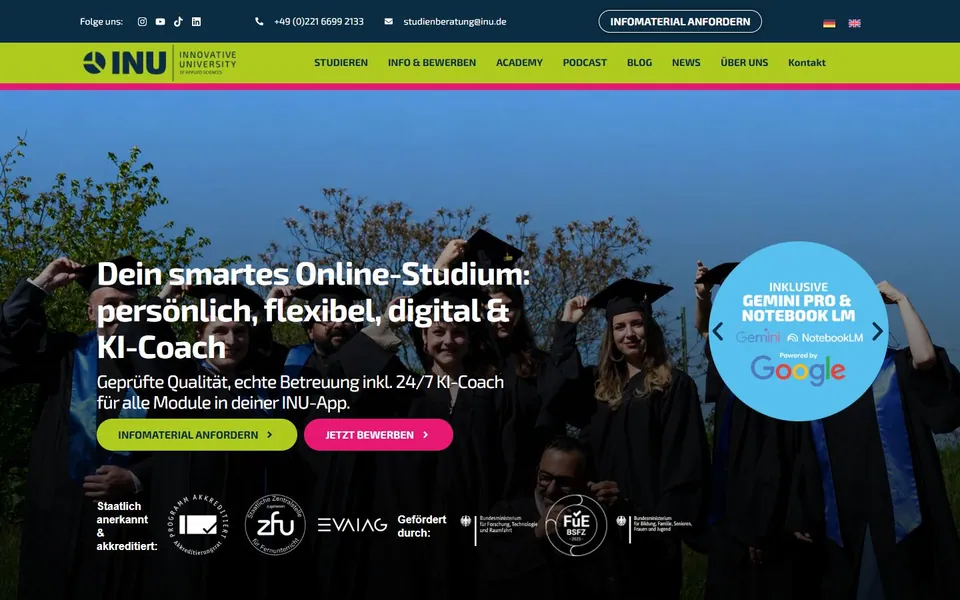 INU – Innovative University of Applied Sciences – Ansicht der Anbieter-Website