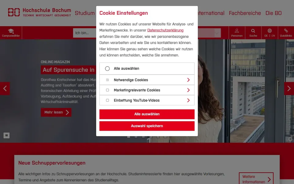 Hochschule Bochum – Ansicht der Anbieter-Website