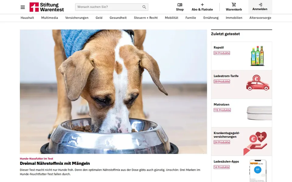 Stiftung Warentest – Ansicht der Anbieter-Website
