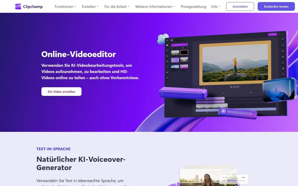 Clipchamp – Ansicht der Anbieter-Website