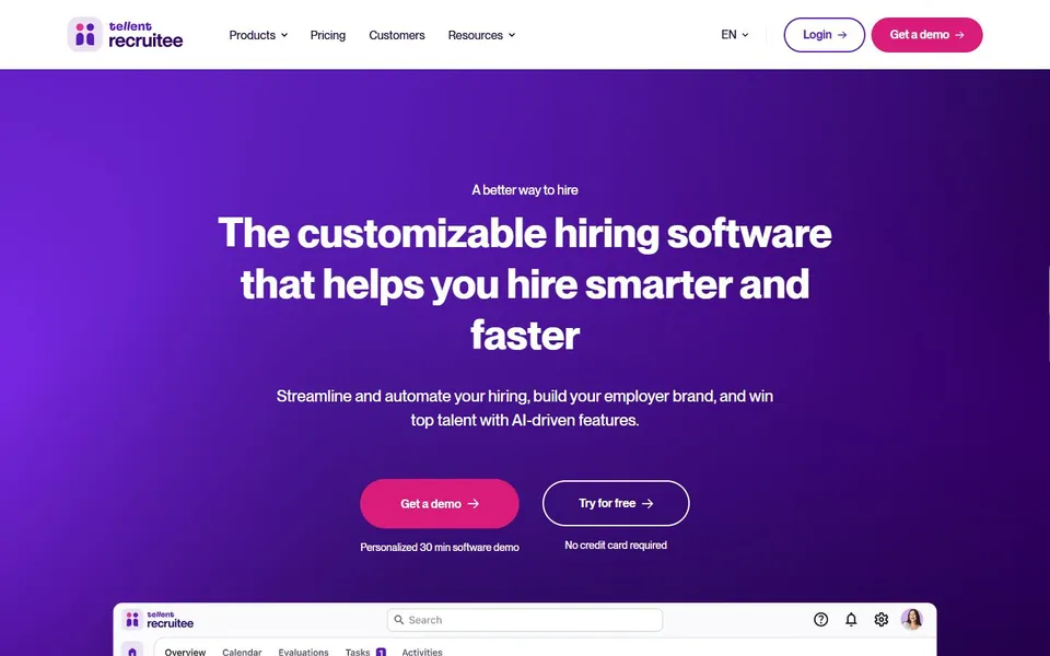 Recruitee – Ansicht der Anbieter-Website