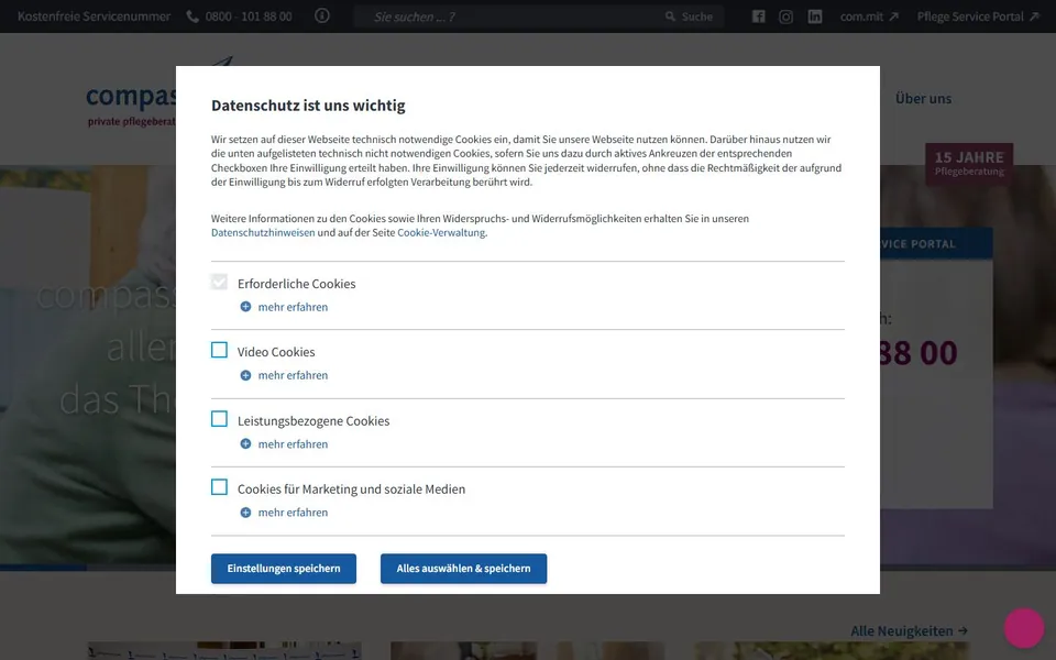 compass Pflegeberatung – Ansicht der Anbieter-Website
