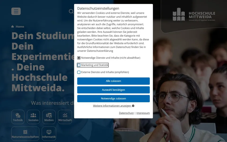 Hochschule Mittweida – Ansicht der Anbieter-Website
