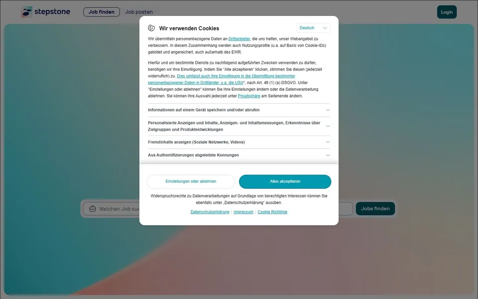 Stepstone – Ansicht der Anbieter-Website