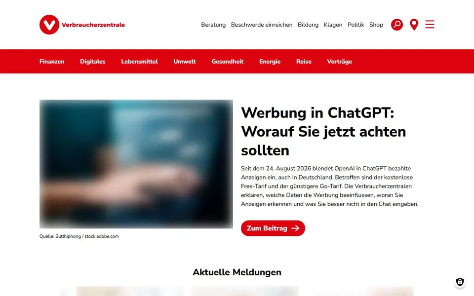 Verbraucherzentrale – Ansicht der Anbieter-Website
