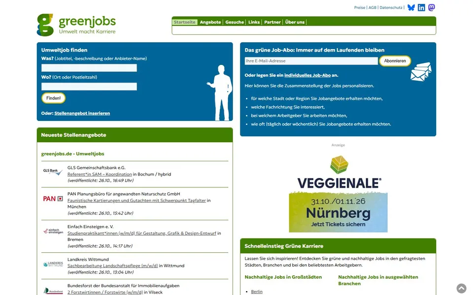 Greenjobs – Ansicht der Anbieter-Website