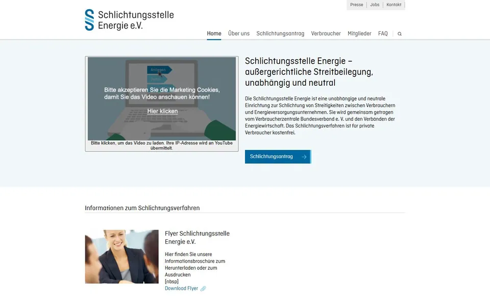 Schlichtungsstelle Energie – Ansicht der Anbieter-Website