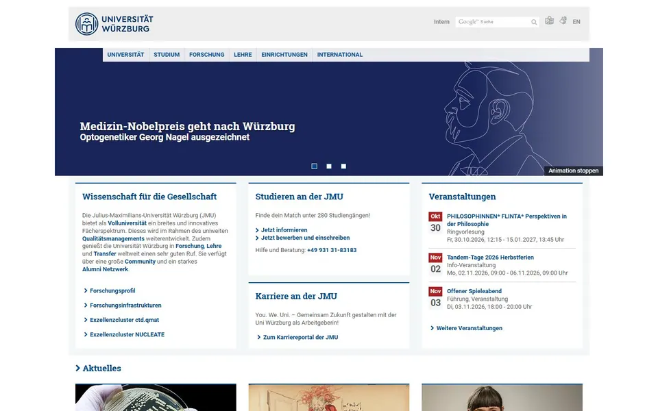 Julius-Maximilians-Universität Würzburg – Ansicht der Anbieter-Website