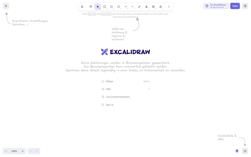 Excalidraw – Ansicht der Anbieter-Website
